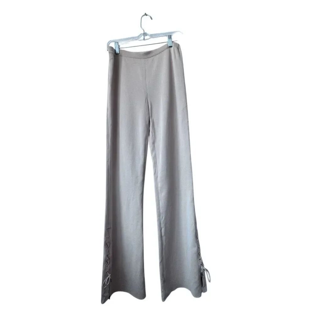 Knit Pants Cream Flared Criss Cross Tie Detail High Waist Disco Boho